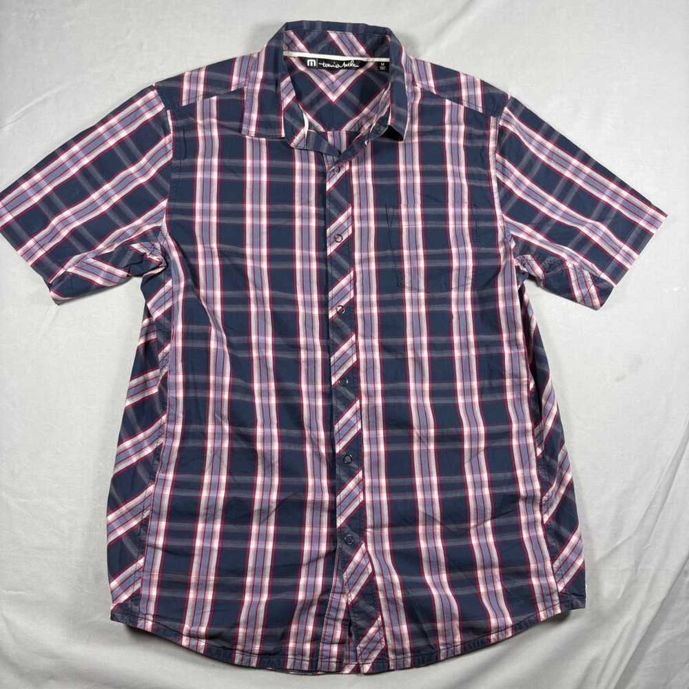 TravisMathew Men's Size M Navy Blue Red Plaid Short Sleeve Button Down Shirt